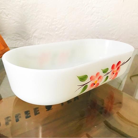 Anchor Hocking Fire King #17 Gay Fad Small Oval Casserole Dish Dogwood Blossom - Picture 3 of 6